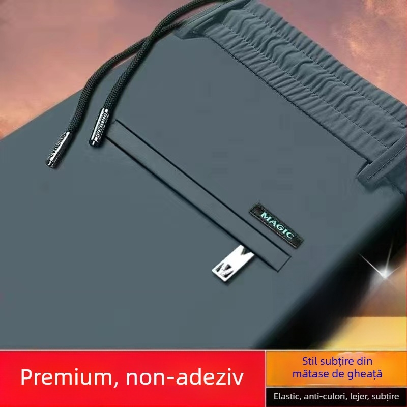 Pantaloni casual pentru bărbați, drepti, din material Ice Silk, fără călcare, cu elasticitate ridicată, țesătură subțire, pentru toamnă