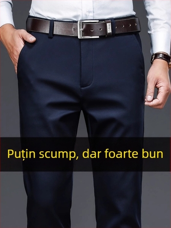 Pantaloni casual de afaceri pentru bărbați, drepti, talie medie, țesătură din fibre de bambus, fără călcare, închidere cu fermoar