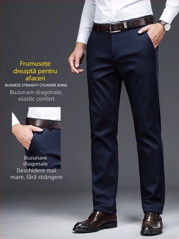 Pantaloni casual de afaceri pentru bărbați, drepti, talie medie, țesătură din fibre de bambus, fără călcare, închidere cu fermoar