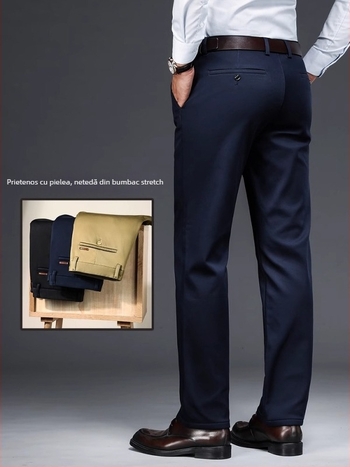 Pantaloni casual de afaceri pentru bărbați, drepti, talie medie, țesătură din fibre de bambus, fără călcare, închidere cu fermoar