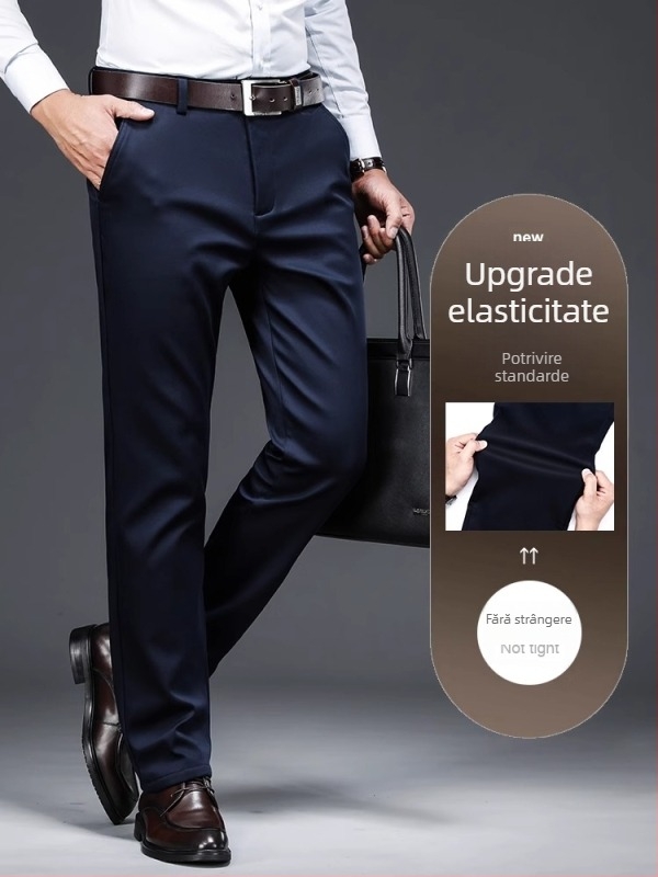 Pantaloni casual de afaceri pentru bărbați, drepti, talie medie, țesătură din fibre de bambus, fără călcare, închidere cu fermoar