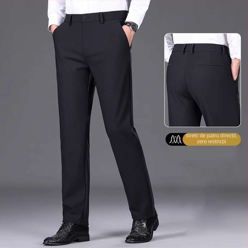 Pantaloni casual de afaceri pentru bărbați, drepti, talie medie, țesătură din fibre de bambus, fără călcare, închidere cu fermoar