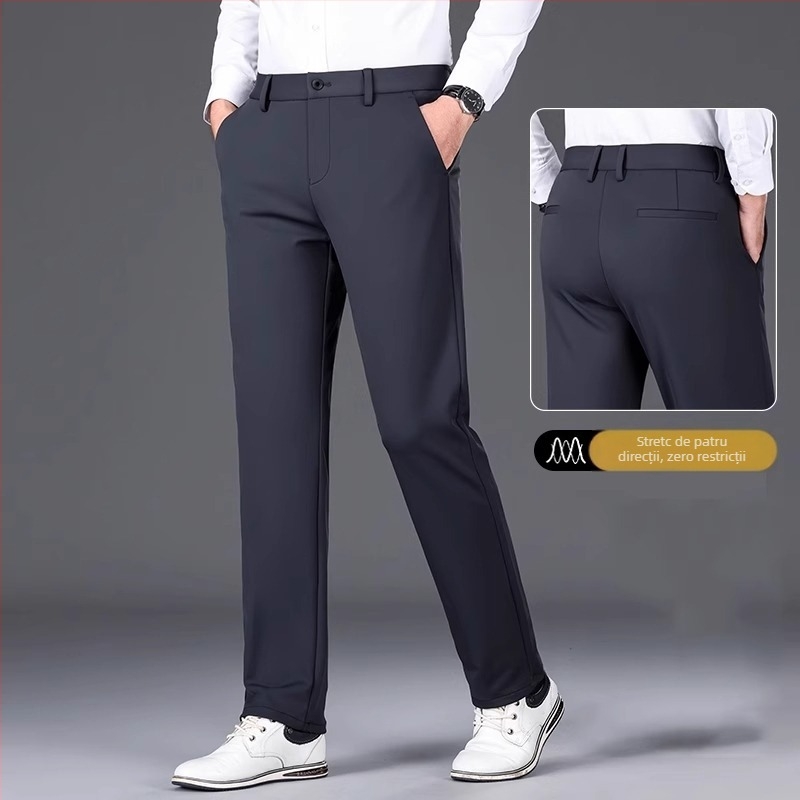 Pantaloni casual de afaceri pentru bărbați, drepti, talie medie, țesătură din fibre de bambus, fără călcare, închidere cu fermoar