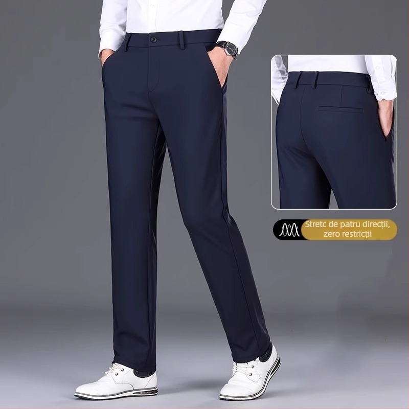 Pantaloni casual de afaceri pentru bărbați, drepti, talie medie, țesătură din fibre de bambus, fără călcare, închidere cu fermoar