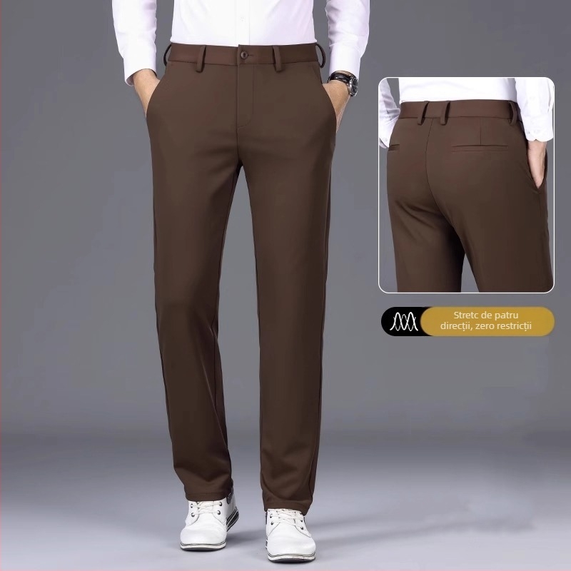 Pantaloni casual de afaceri pentru bărbați, drepti, talie medie, țesătură din fibre de bambus, fără călcare, închidere cu fermoar