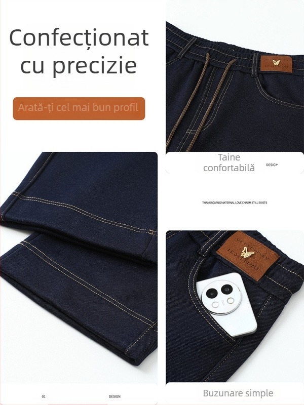 Jeansi cu căptușeală din fleece, talie elastică, croială dreaptă lejeră, iarnă 2025, poliester peste 95%