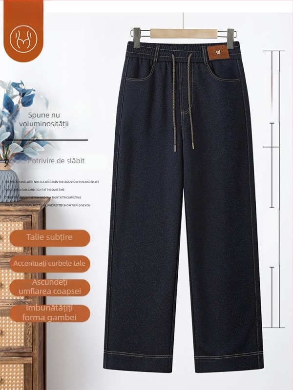 Jeansi cu căptușeală din fleece, talie elastică, croială dreaptă lejeră, iarnă 2025, poliester peste 95%