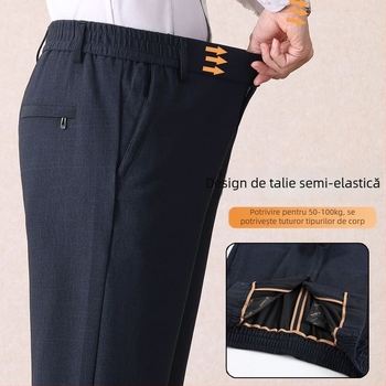 Pantaloni casual pentru bărbați, drepti, talie microelastică, țesătură din bambus și mătase, primăvară