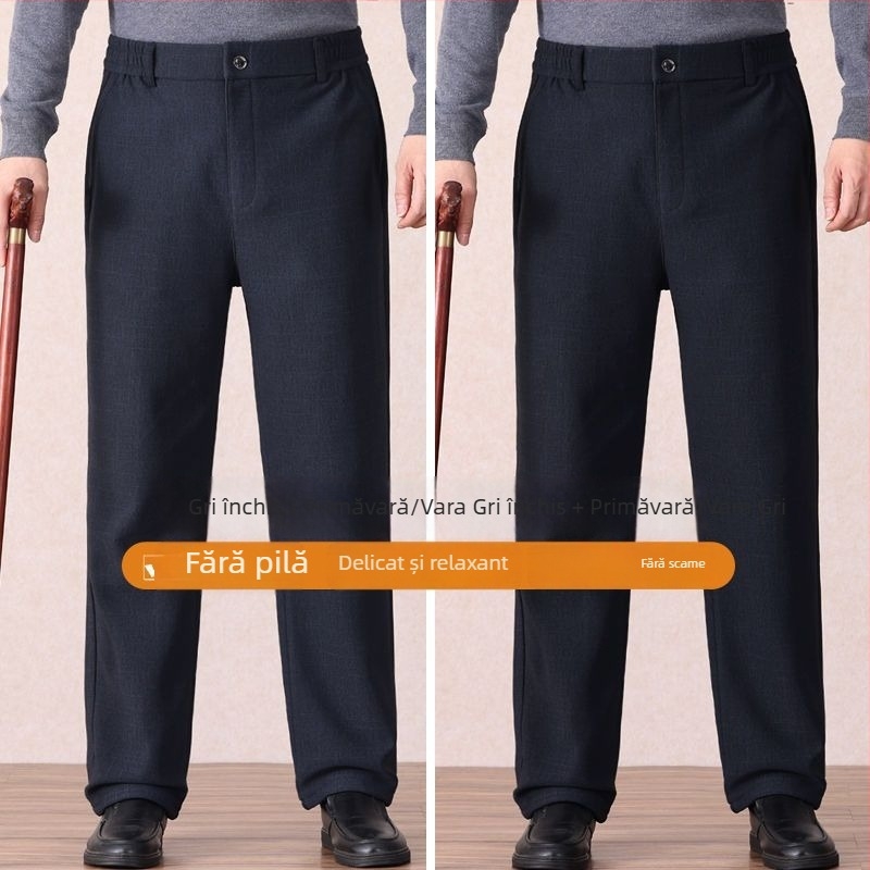 Pantaloni casual pentru bărbați, drepti, talie microelastică, țesătură din bambus și mătase, primăvară