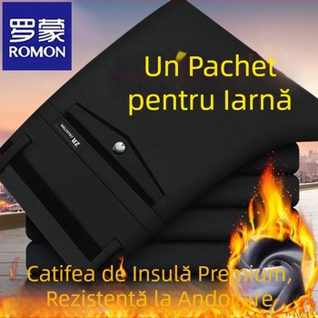 Pantaloni casual bărbați Romon cu căptușeală din fleece, groși, talie înaltă, croială dreaptă, din bumbac