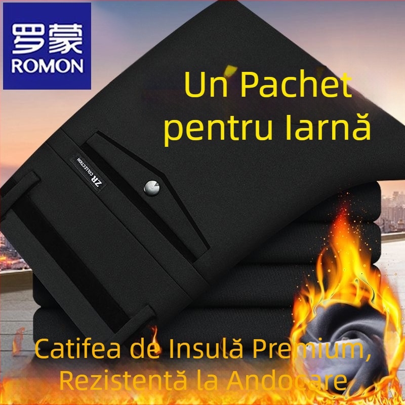 Pantaloni casual bărbați Romon cu căptușeală din fleece, groși, talie înaltă, croială dreaptă, din bumbac