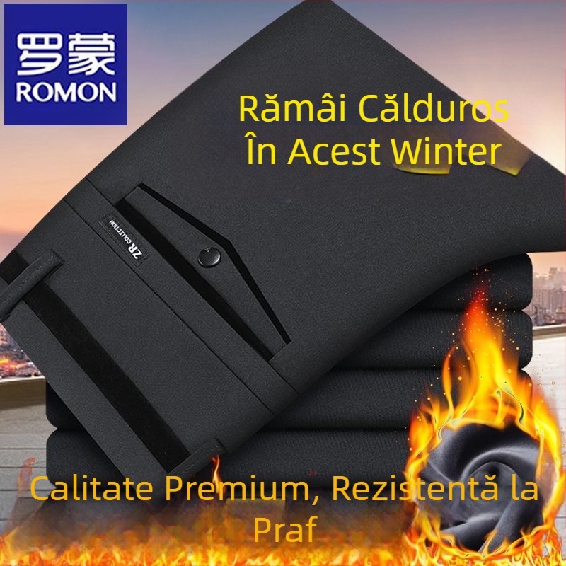 Pantaloni casual bărbați Romon cu căptușeală din fleece, groși, talie înaltă, croială dreaptă, din bumbac
