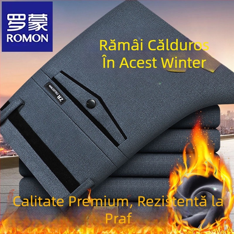 Pantaloni casual bărbați Romon cu căptușeală din fleece, groși, talie înaltă, croială dreaptă, din bumbac