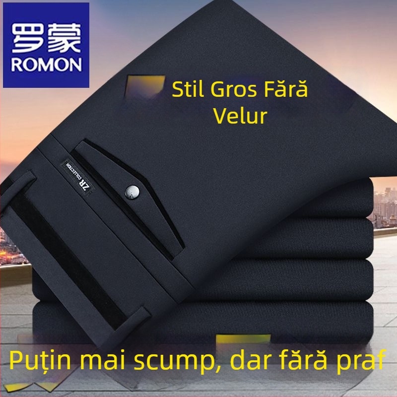 Pantaloni casual bărbați Romon cu căptușeală din fleece, groși, talie înaltă, croială dreaptă, din bumbac