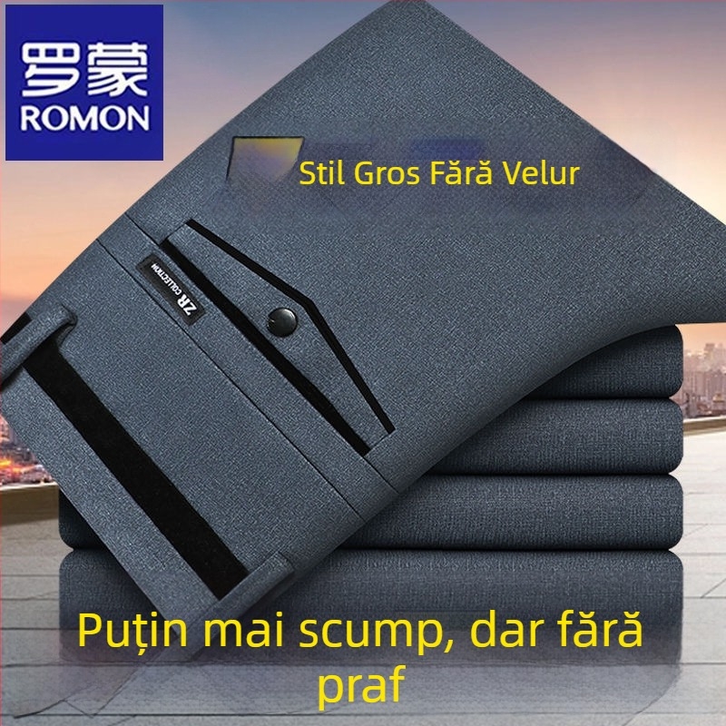 Pantaloni casual bărbați Romon cu căptușeală din fleece, groși, talie înaltă, croială dreaptă, din bumbac