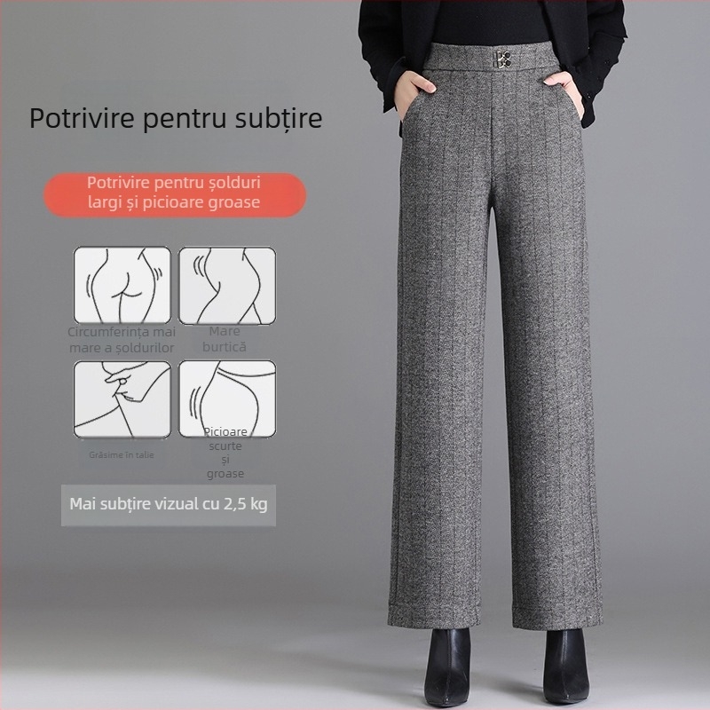 Pantaloni drepti pentru femei, din lână în amestec, talie înaltă, țesătură groasă, stil elegant pentru birou, microelasticitate, fără călcare