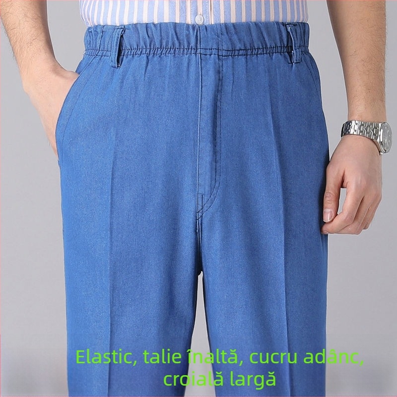 Pantaloni de denim largi pentru bărbați, talie înaltă, croială dreaptă, închidere cu șnur, țesătură denim/poliester