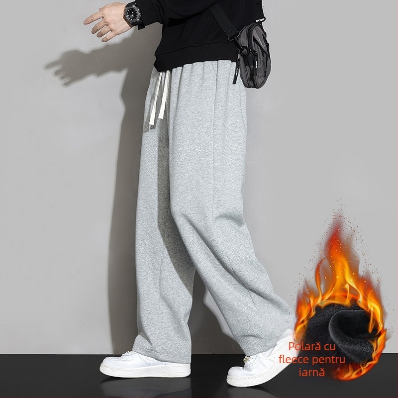 Pantaloni sport pentru bărbați, căptuțiți cu fleece, croială dreaptă, talie medie, material din bumbac, pentru purtare zilnică