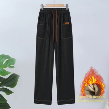 Pantaloni dama din denim, talie înaltă, croială dreaptă, relaxați, groși pentru toamnă-iarnă, 70–80% poliester