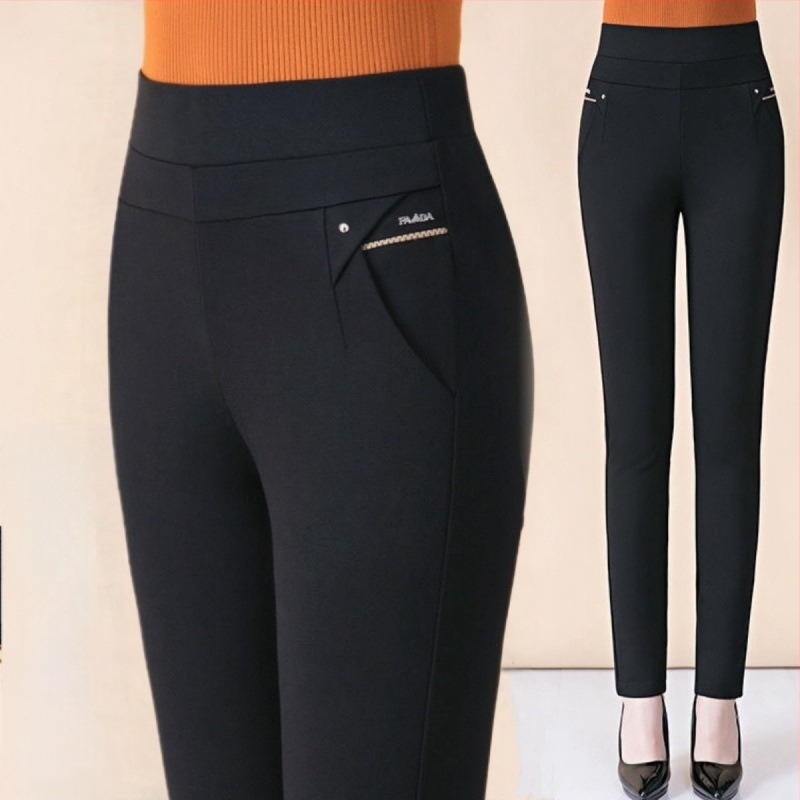 Pantaloni femei cu talie înaltă, croială dreaptă, poliester, elasticitate ușoară, lungi