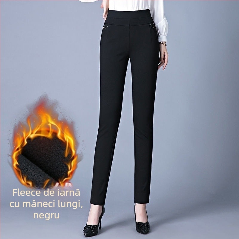 Pantaloni femei cu talie înaltă, croială dreaptă, poliester, elasticitate ușoară, lungi