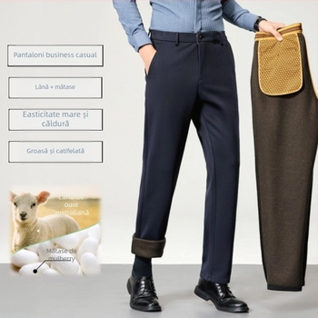 Pantaloni casual-business pentru bărbați, croială dreaptă, căptuțiți cu fleece, pentru toamnă-iarnă, talie înaltă, amestec poliester-spandex cu lână, fermoar