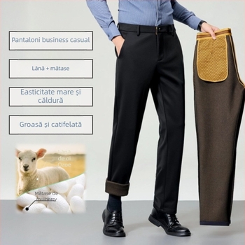 Pantaloni casual-business pentru bărbați, croială dreaptă, căptuțiți cu fleece, pentru toamnă-iarnă, talie înaltă, amestec poliester-spandex cu lână, fermoar