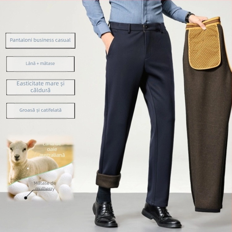 Pantaloni casual-business pentru bărbați, croială dreaptă, căptuțiți cu fleece, pentru toamnă-iarnă, talie înaltă, amestec poliester-spandex cu lână, fermoar