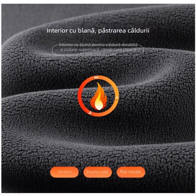 Pantaloni casual-business pentru bărbați, croială dreaptă, căptuțiți cu fleece, pentru toamnă-iarnă, talie înaltă, amestec poliester-spandex cu lână, fermoar