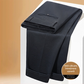 Pantaloni business casual pentru bărbați, croială dreaptă – talie medie, fără călcare necesară, 68% poliester, buzunare multiple