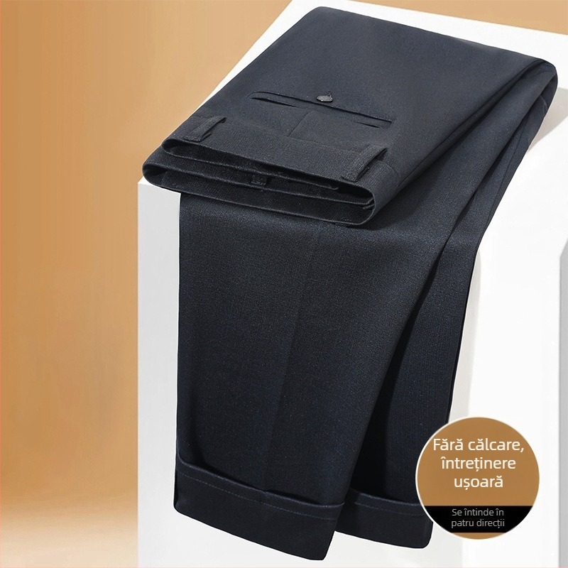 Pantaloni business casual pentru bărbați, croială dreaptă – talie medie, fără călcare necesară, 68% poliester, buzunare multiple