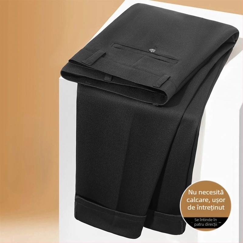 Pantaloni business casual pentru bărbați, croială dreaptă – talie medie, fără călcare necesară, 68% poliester, buzunare multiple