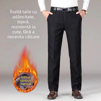 Pantaloni casual pentru bărbați, drepti, talie înaltă, căptuțiți cu fleece, amestec bumbac-poliester pentru iarnă