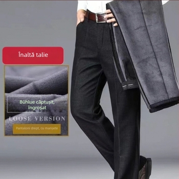 Pantaloni casual pentru bărbați, drepti, talie înaltă, căptuțiți cu fleece, amestec bumbac-poliester pentru iarnă