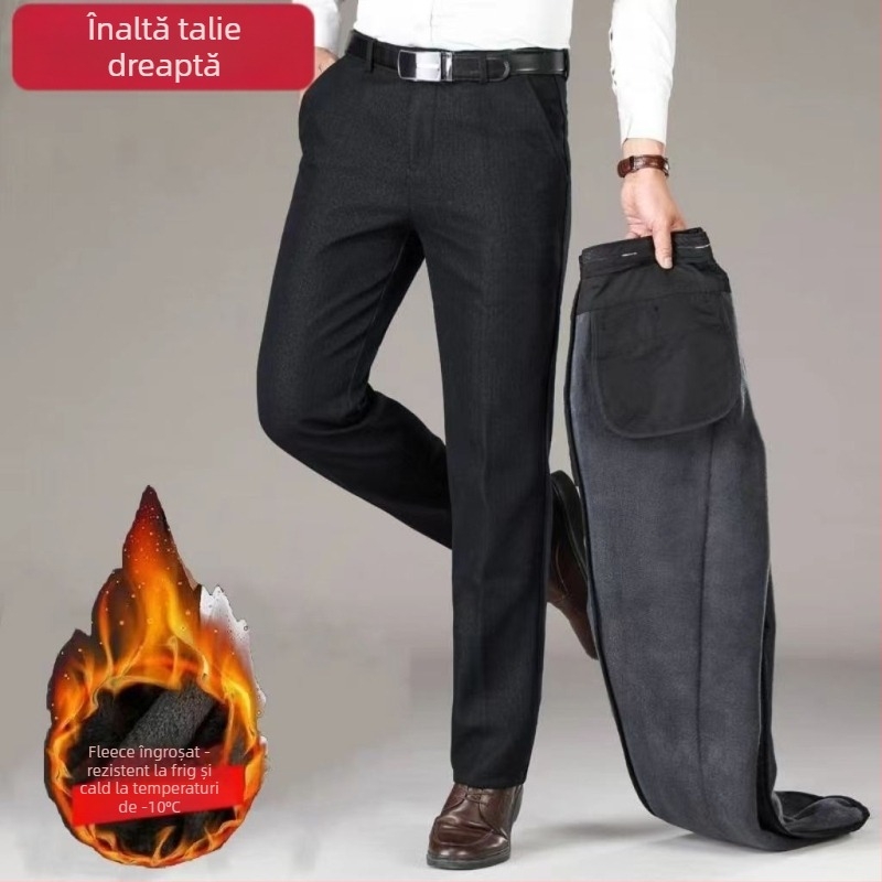 Pantaloni casual pentru bărbați, drepti, talie înaltă, căptuțiți cu fleece, amestec bumbac-poliester pentru iarnă