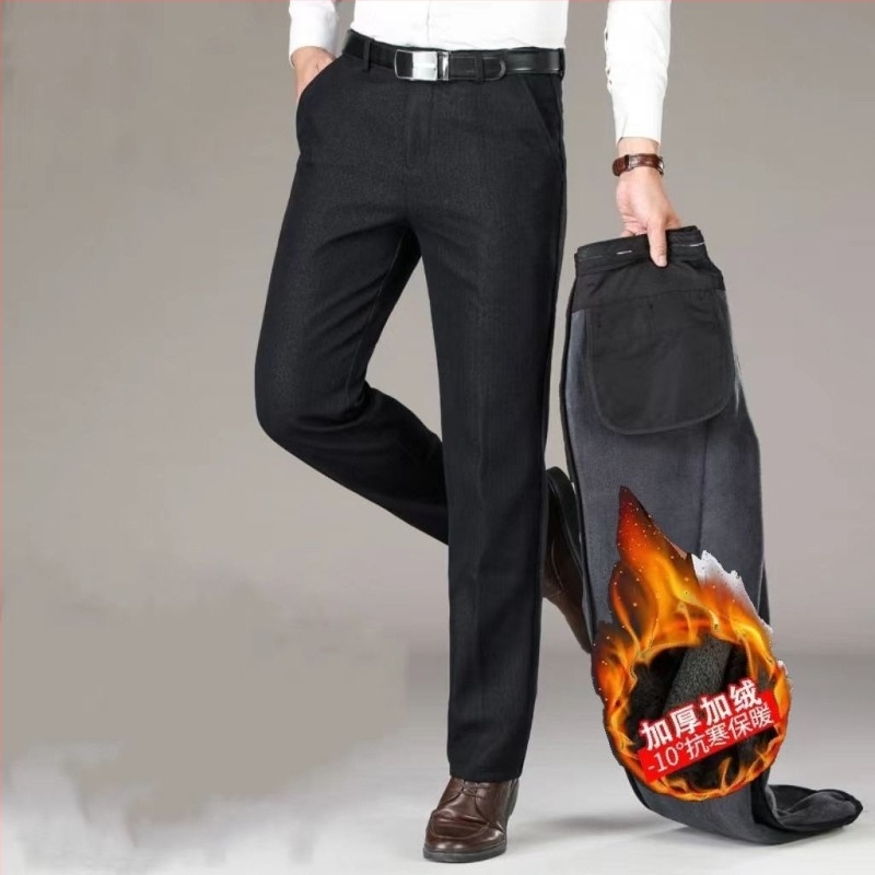 Pantaloni casual pentru bărbați, drepti, talie înaltă, căptuțiți cu fleece, amestec bumbac-poliester pentru iarnă