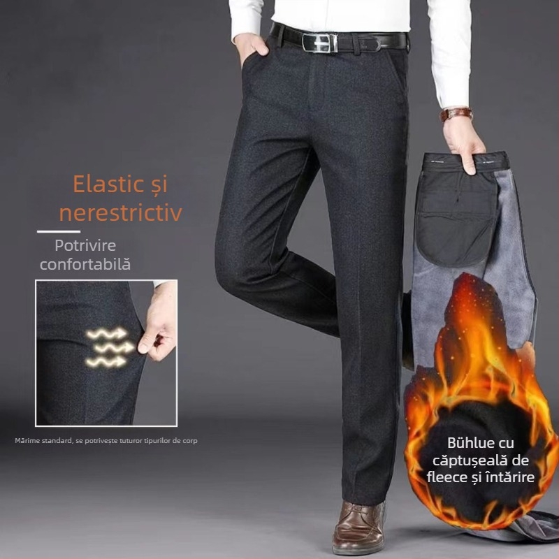 Pantaloni casual pentru bărbați, drepti, talie înaltă, căptuțiți cu fleece, amestec bumbac-poliester pentru iarnă