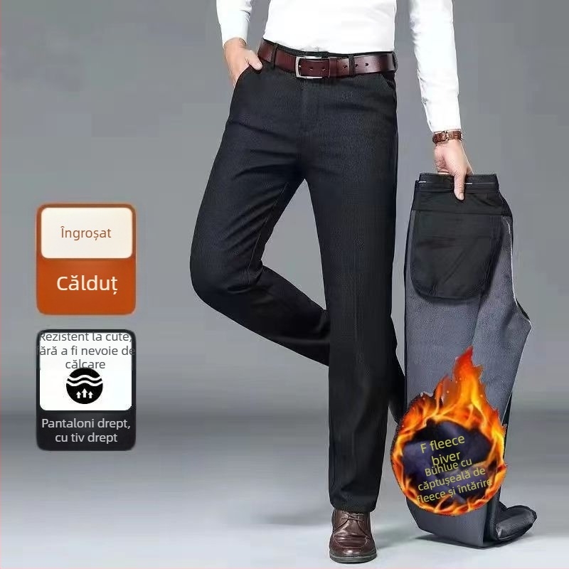 Pantaloni casual pentru bărbați, drepti, talie înaltă, căptuțiți cu fleece, amestec bumbac-poliester pentru iarnă