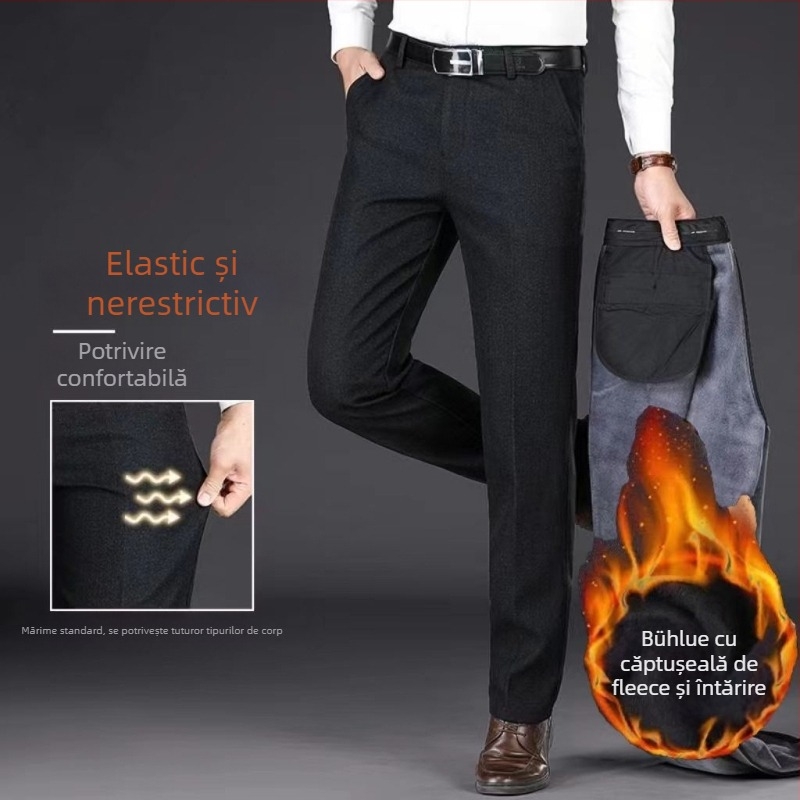 Pantaloni casual pentru bărbați, drepti, talie înaltă, căptuțiți cu fleece, amestec bumbac-poliester pentru iarnă