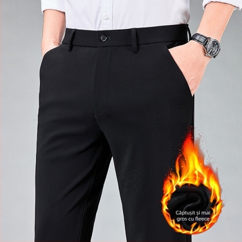 Pantaloni casual de afaceri pentru bărbați, croială dreaptă, talie medie, căptușeală din fleece, fără călcare, material elastic