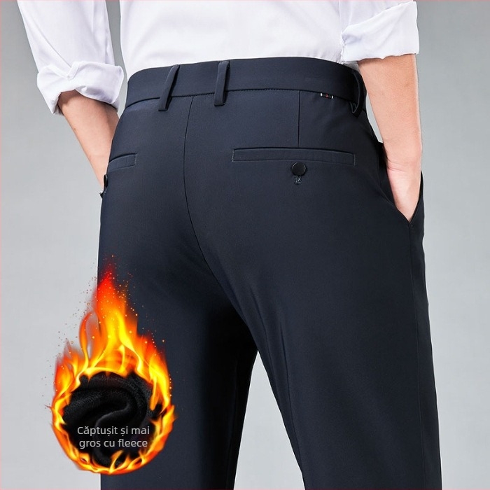 Pantaloni casual de afaceri pentru bărbați, croială dreaptă, talie medie, căptușeală din fleece, fără călcare, material elastic