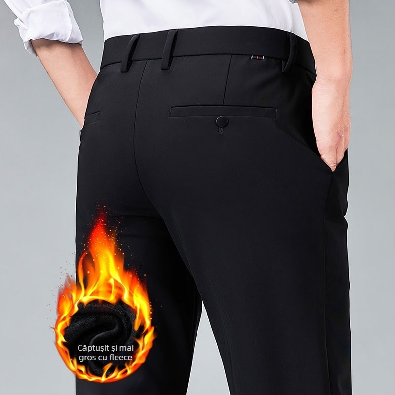 Pantaloni casual de afaceri pentru bărbați, croială dreaptă, talie medie, căptușeală din fleece, fără călcare, material elastic