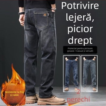 Jeanși bărbați din bumbac cu căptușeală de fleece pentru iarnă, croială lejeră, drept, talie medie, închidere cu nasturi