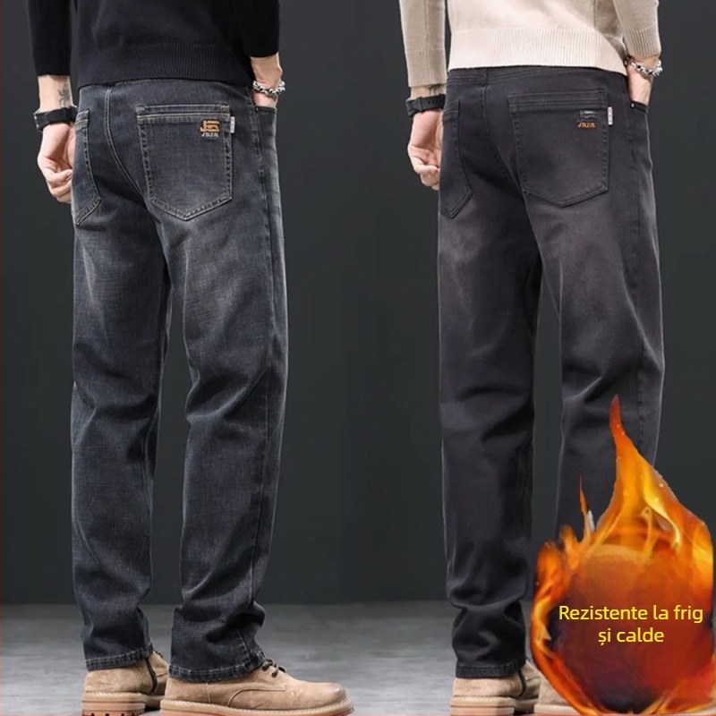 Jeanși bărbați din bumbac cu căptușeală de fleece pentru iarnă, croială lejeră, drept, talie medie, închidere cu nasturi