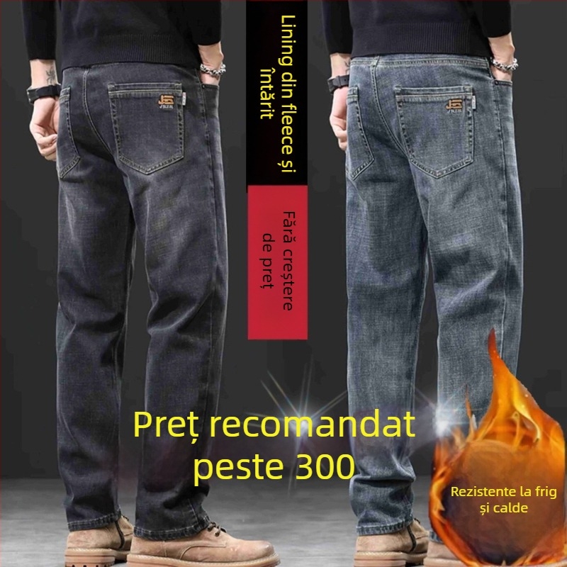 Jeanși bărbați din bumbac cu căptușeală de fleece pentru iarnă, croială lejeră, drept, talie medie, închidere cu nasturi