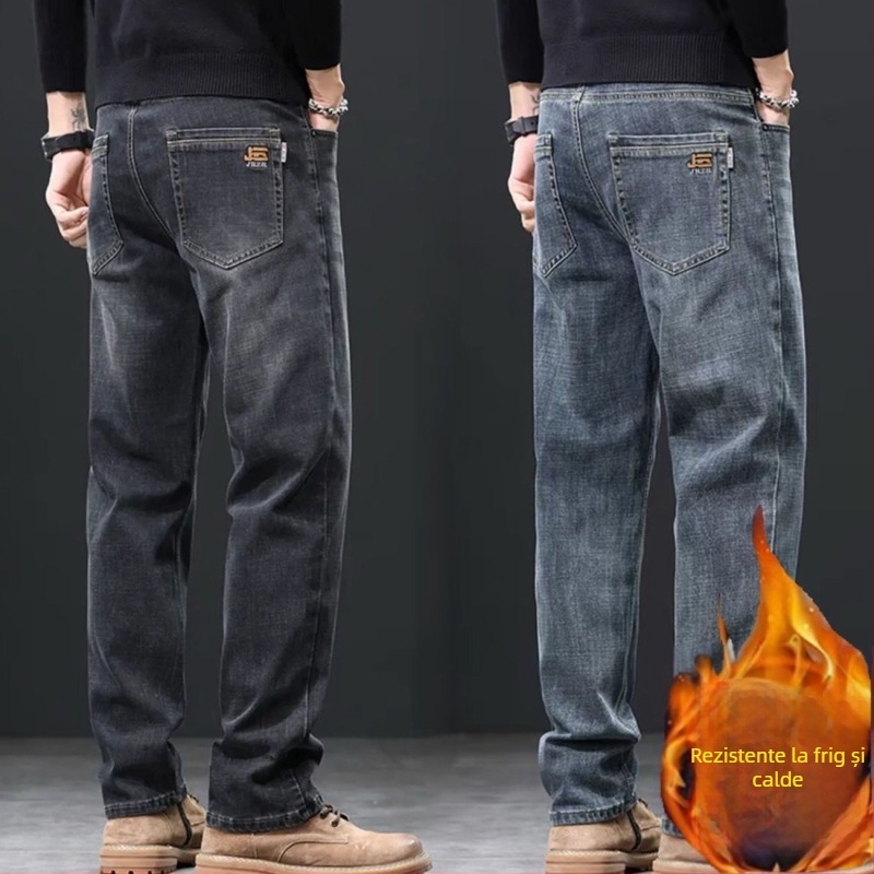 Jeanși bărbați din bumbac cu căptușeală de fleece pentru iarnă, croială lejeră, drept, talie medie, închidere cu nasturi