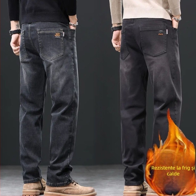 Jeanși bărbați din bumbac cu căptușeală de fleece pentru iarnă, croială lejeră, drept, talie medie, închidere cu nasturi