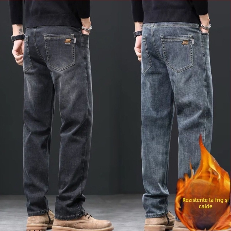Jeanși bărbați din bumbac cu căptușeală de fleece pentru iarnă, croială lejeră, drept, talie medie, închidere cu nasturi