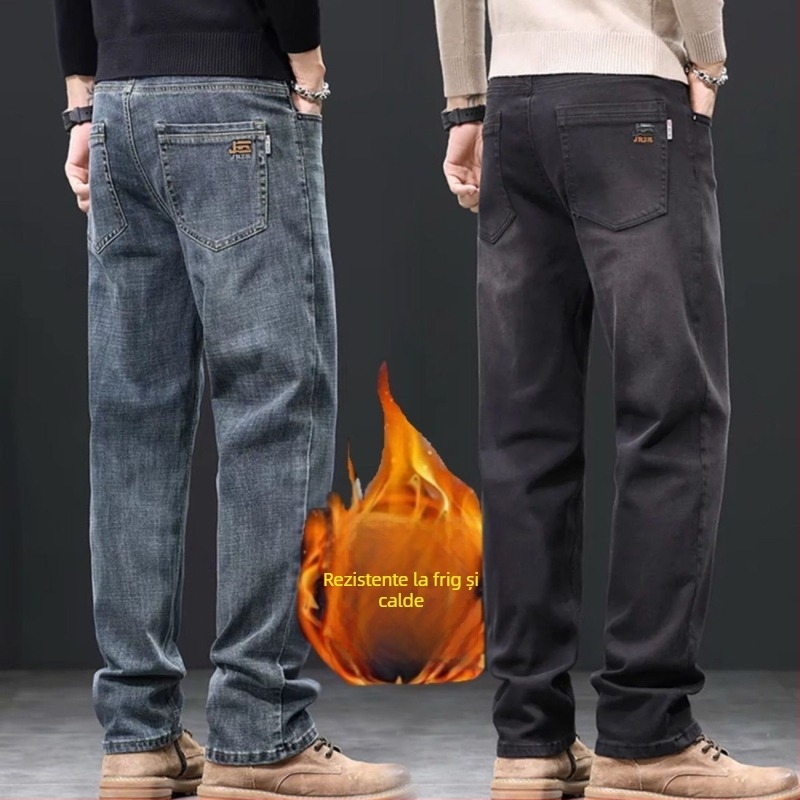 Jeanși bărbați din bumbac cu căptușeală de fleece pentru iarnă, croială lejeră, drept, talie medie, închidere cu nasturi