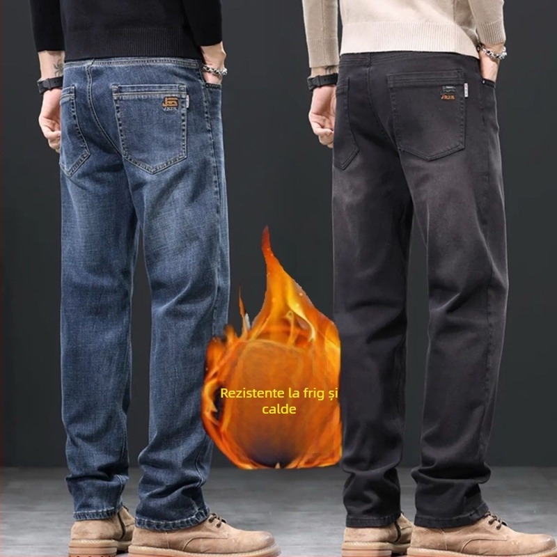 Jeanși bărbați din bumbac cu căptușeală de fleece pentru iarnă, croială lejeră, drept, talie medie, închidere cu nasturi